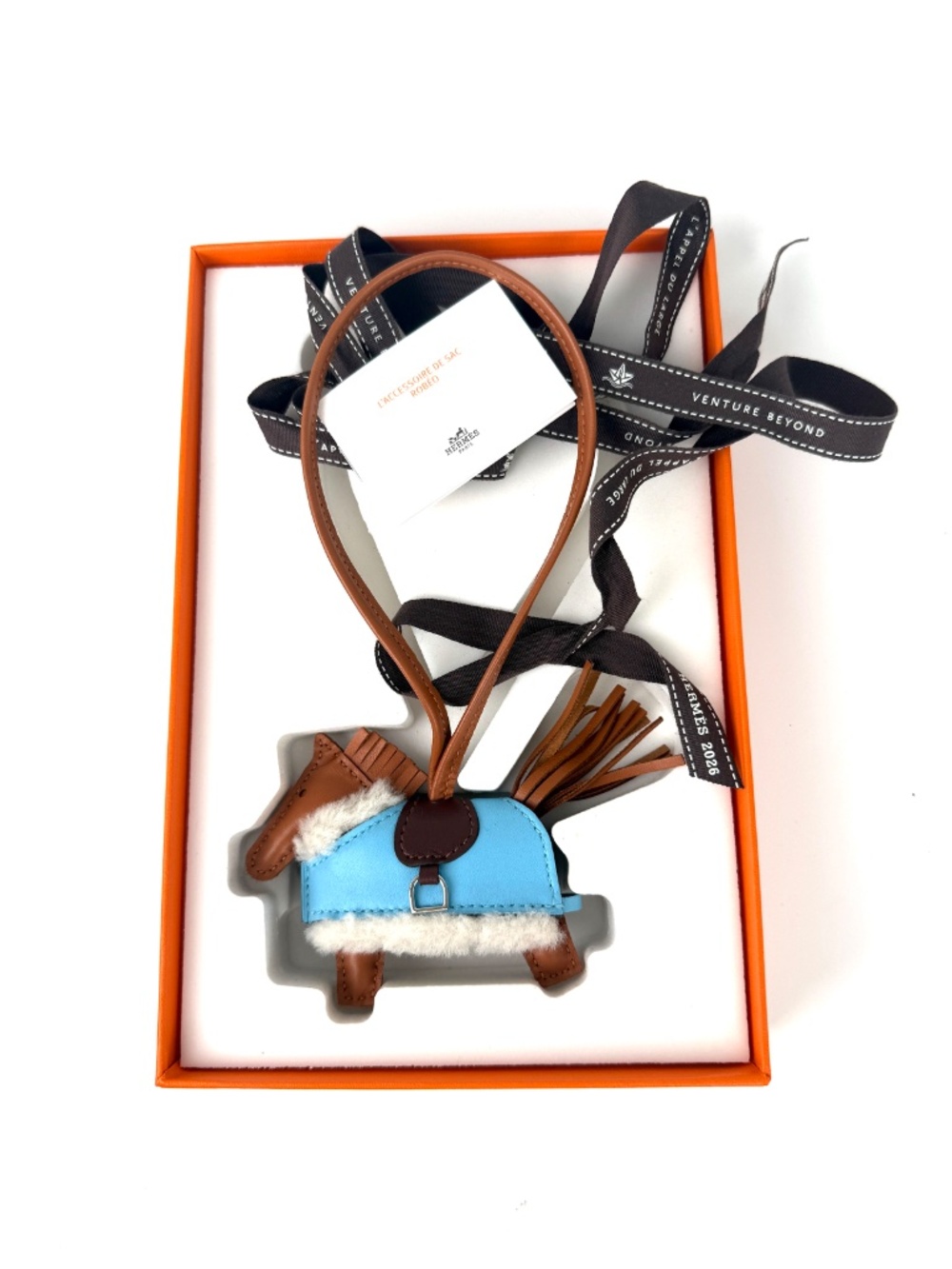 Authentic HERMES Rodeo Robeo Plush Charm PM Gold Terre Celeste Ecru  Milo Lambsk - Picture 2 of 8